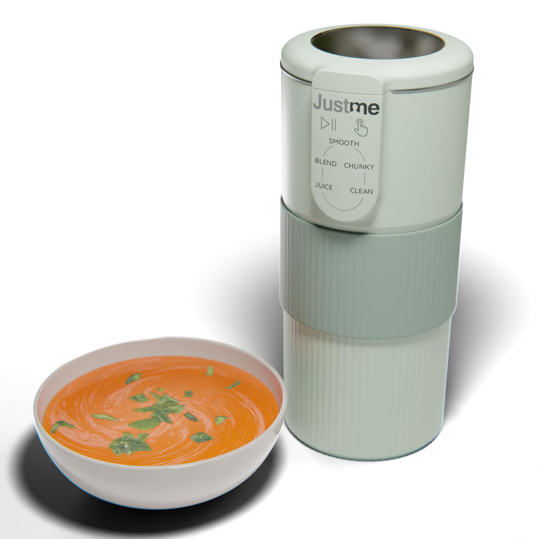 JustMe. The smallest soup maker, the biggest results. Soup maker and smoothie blender. Self cleaning. Colour: Sage green. Lightweight. Easy healthy