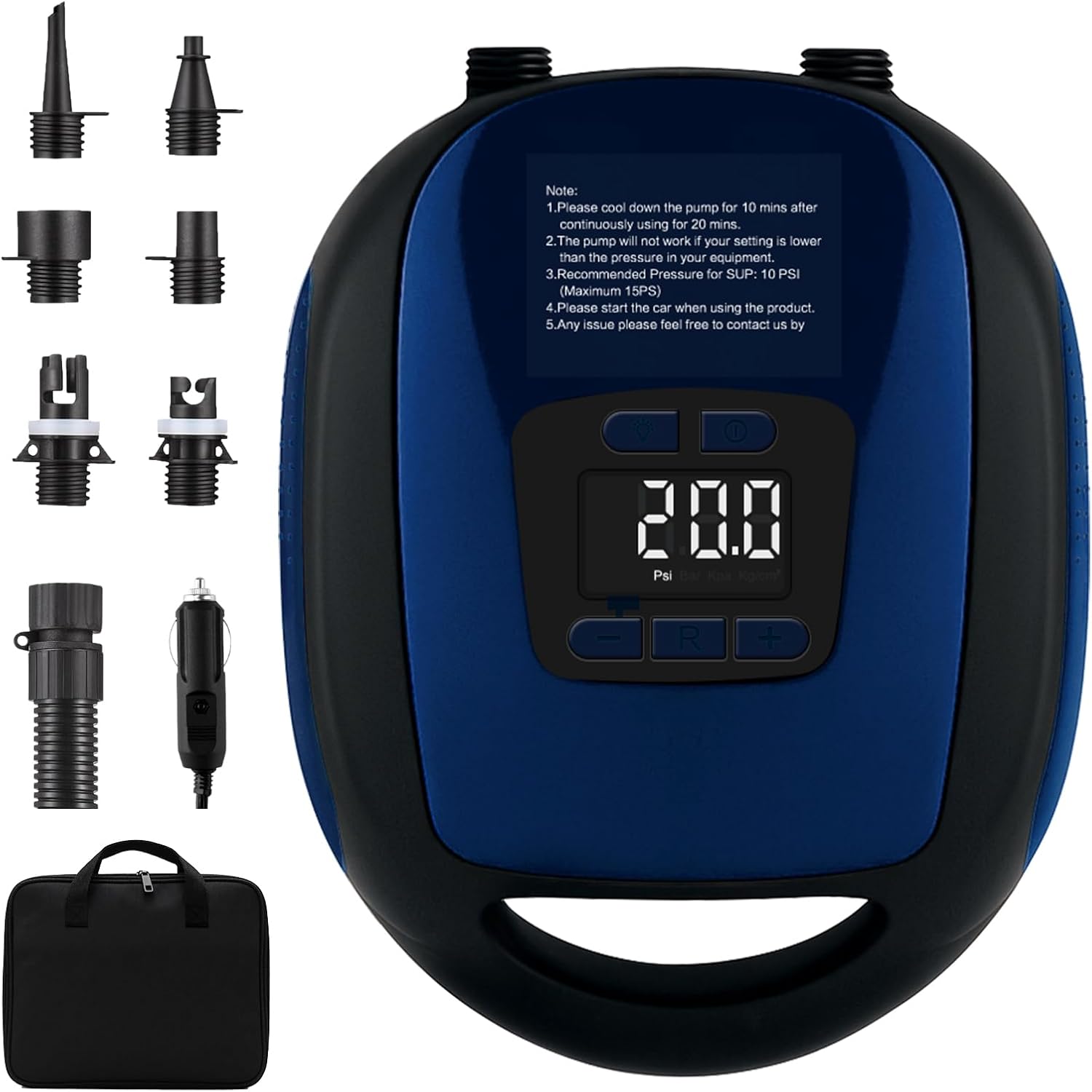 Sup Electric Pump,20psi Electric Paddle Board Pump with 5 Nozzles,Smart Inflation Auto-Off, Digital Adjustable LCD Function,12V Electric Pumpe for Sup and Inflatable Kayaks (Dark Blue)