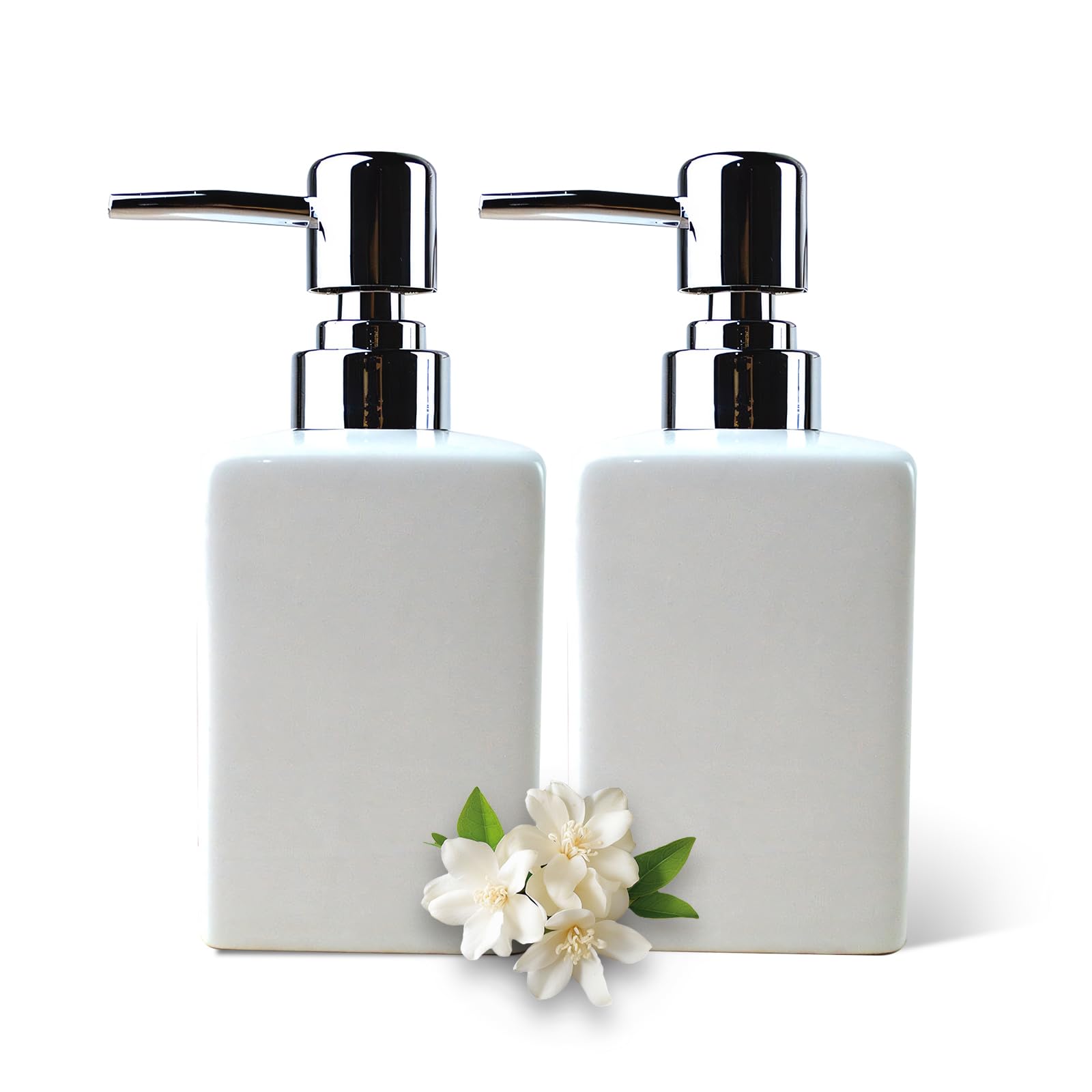 Qudubuy Refillable Square Ceramic Soap Dispenser with Long Spout Lotion Pump Bottle, 2Pcs 320ml Hand Wash Dispenser for Kitchen, Bathroom, Office, and