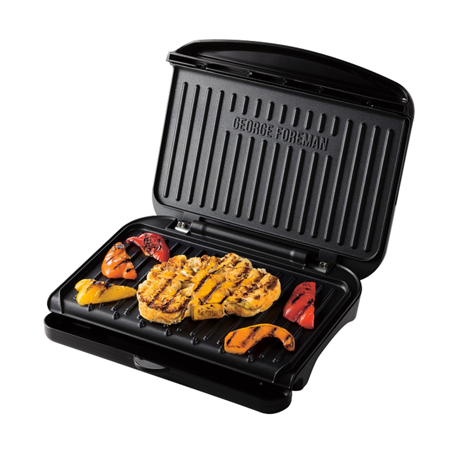 George Foreman Large Electric Fit Grill [Non stick, Healthy, Griddle, Toastie, Hot plate, Panini, BBQ, Energy saving, Vertical storage, Easy clean, Drip tray, Ready to cook light] Black, 2400W 25820