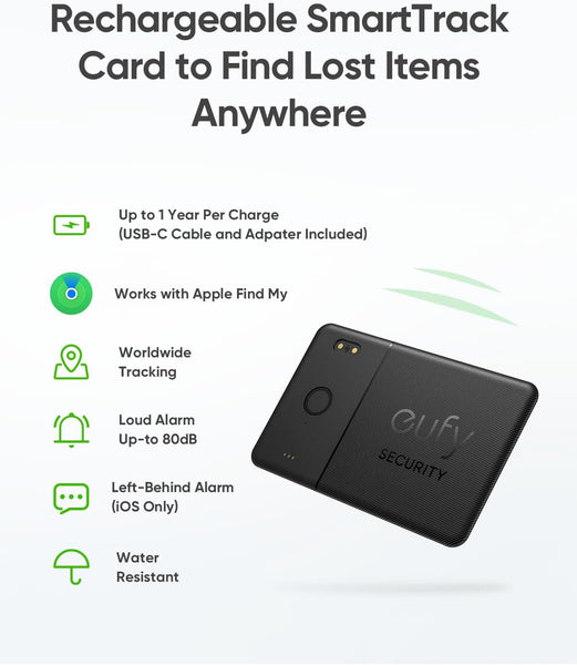 eufy Security SmartTrack Card E30 (Black, 1-Pack), Rechargeable, Works with Apple Find My (iOS Only), Bluetooth Tracker, Perfect for Wallet, Passport, and Laptop, Water Resistant