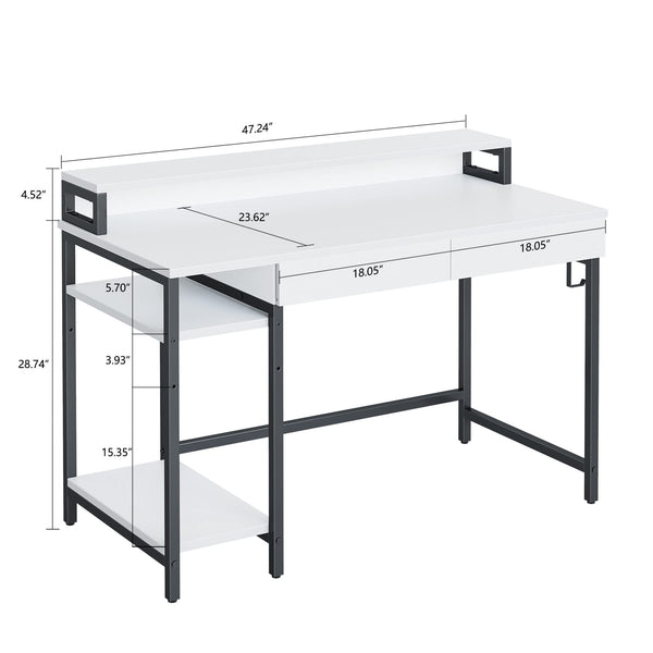 CubiCubi Computer Desk with Monitor Stand and Storage Shelves, 120cm Home Office Desk Study Writing Table, White