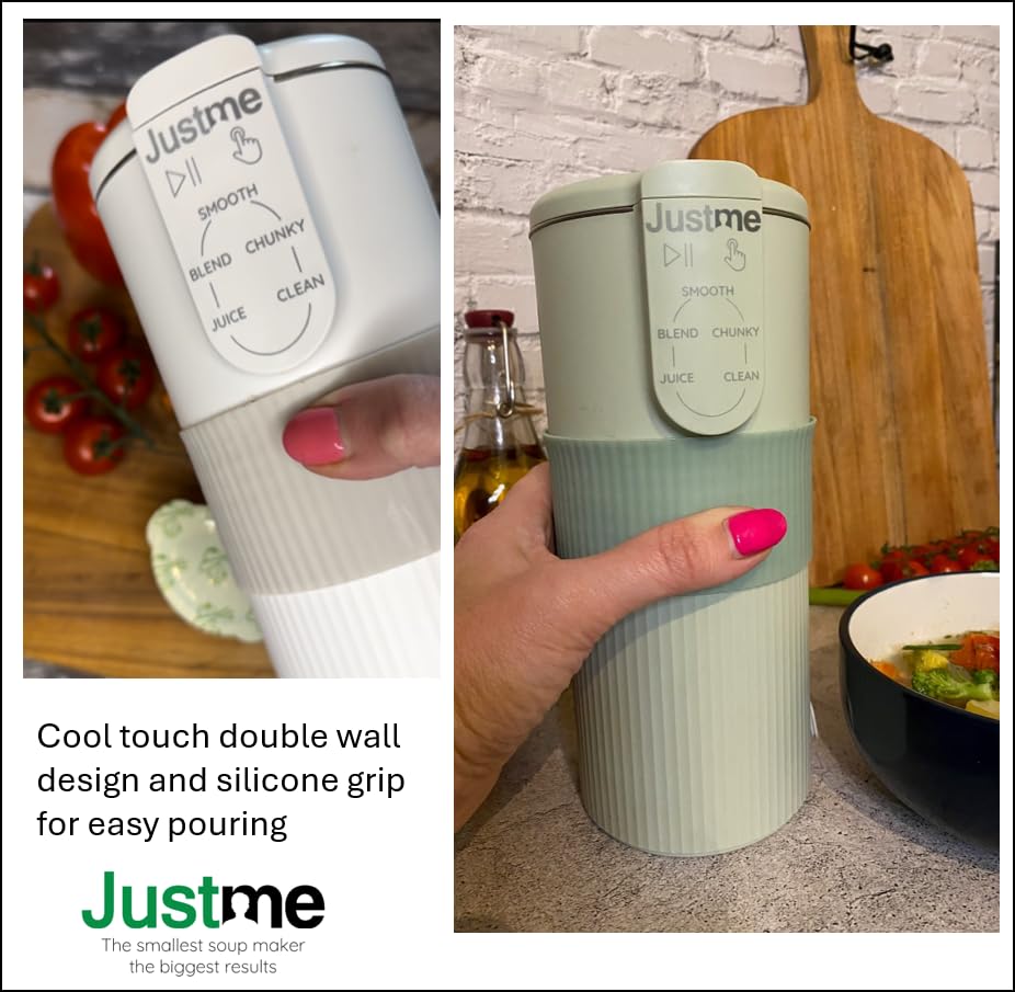 JustMe. The smallest soup maker,the biggest results. Soups maker and smoothie blender. Auto-clean. White. 5 programs. Easy healthy cooking.