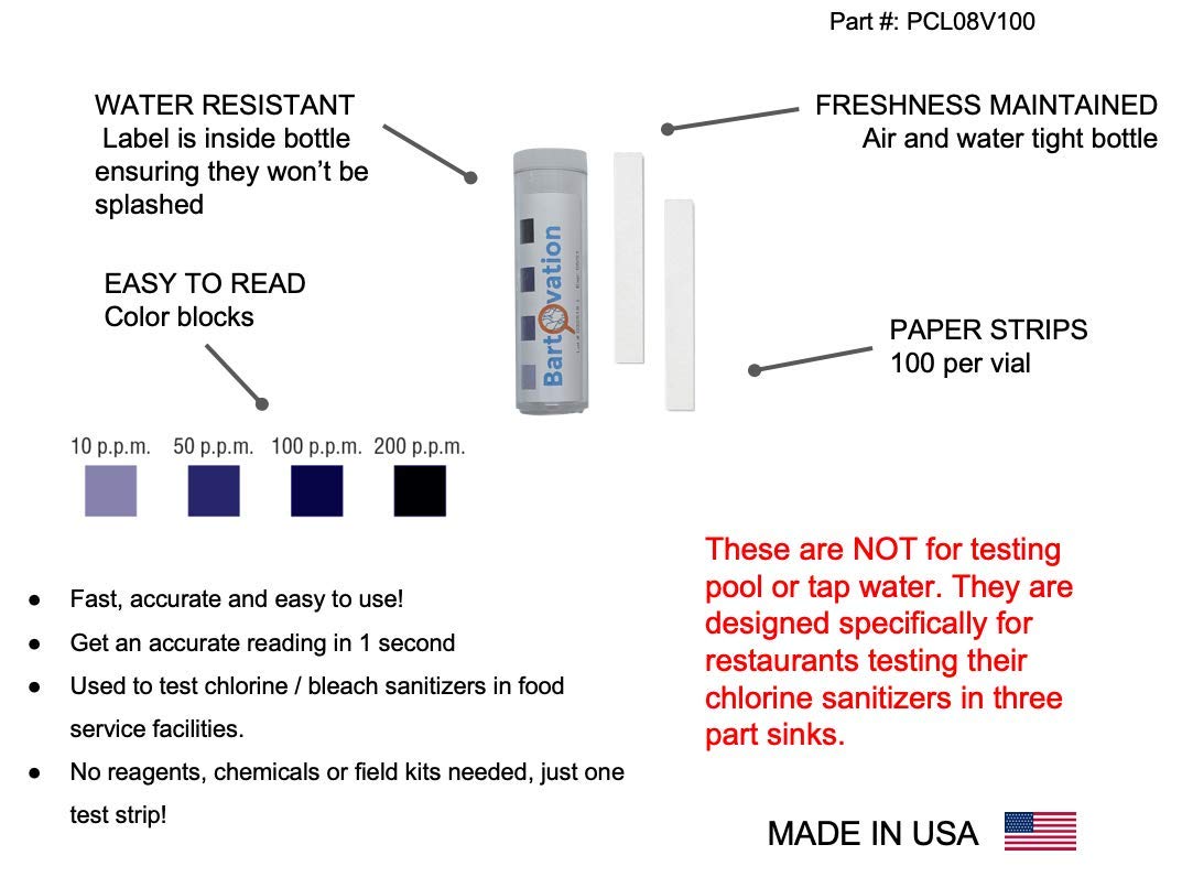 Six Pack Restaurant Sanitizer Chlorine Test Paper, 10-200 ppm [6 Vials of 100 Paper Strips]