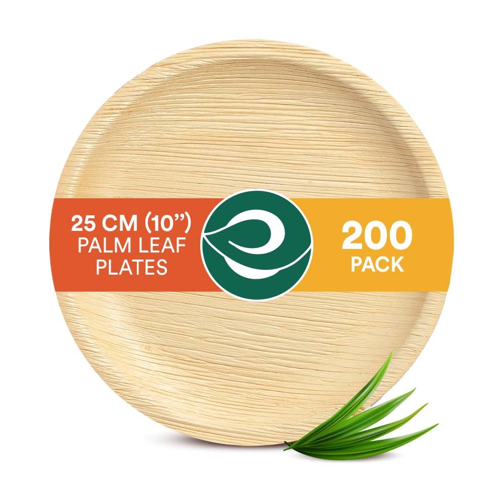 ECO SOUL 200 Disposable Palm Leaf Plates 10(25cm) Round Large Bamboo Plate I Eco Friendly, Biodegradable, Compostable Heavy-Duty Plate, Wooden Plates