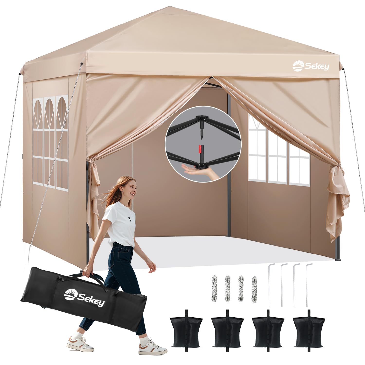 Sekey One-Touch Pop Up Gazebo with Sides 3m x 3m, Heavy Duty Gazebo with 4 Pack Gazebo Weights Bags, Instant Setup, Waterproof 1000mm (Grau, 3m x 3m without Sides)