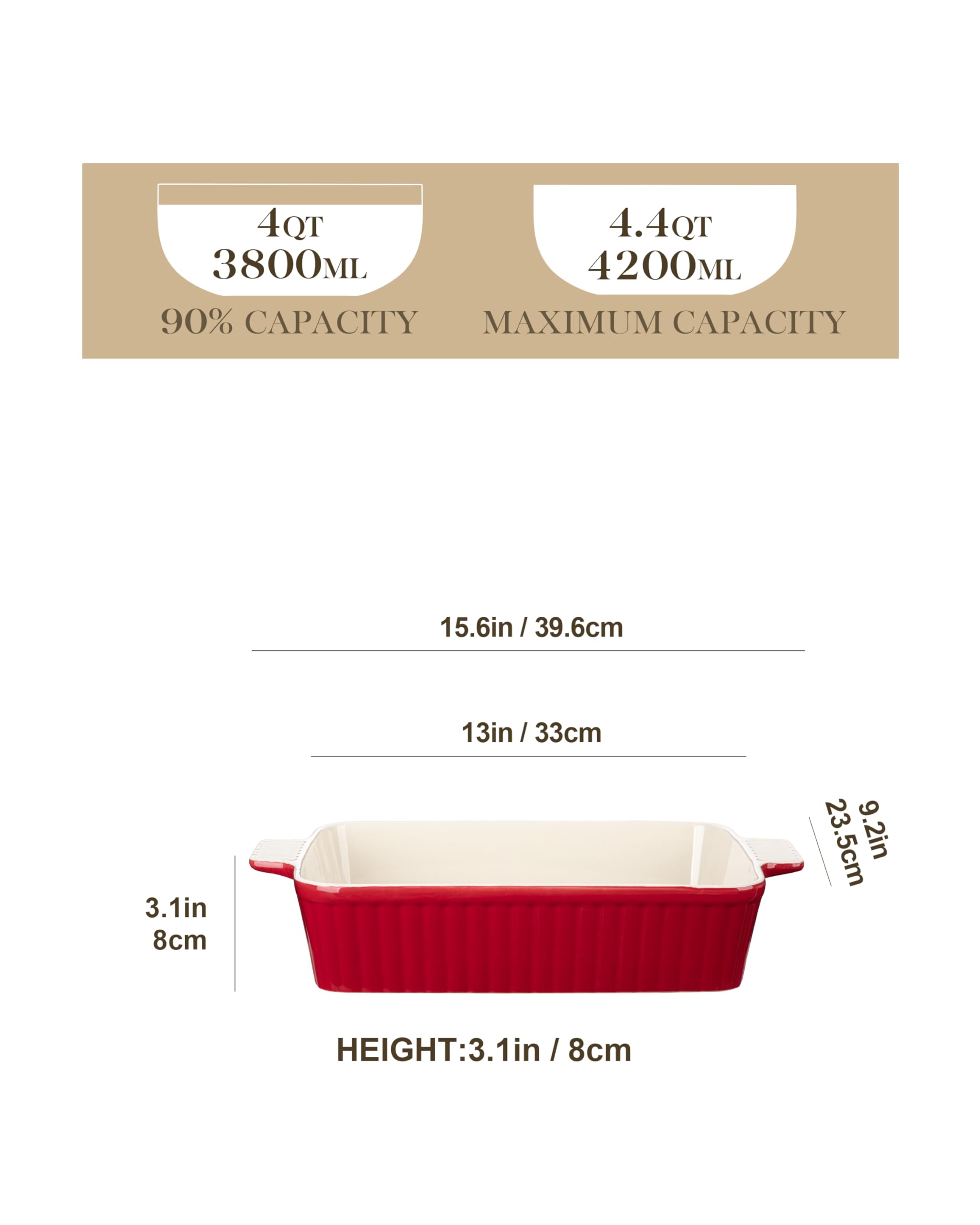 MALACASA 4.4 QT Baking Dish, 9x13 Large Casserole Dish for Oven, Ceramic Baking Pan, Rectangular Lasagna Pan Deep with Handles for Baking, Durable