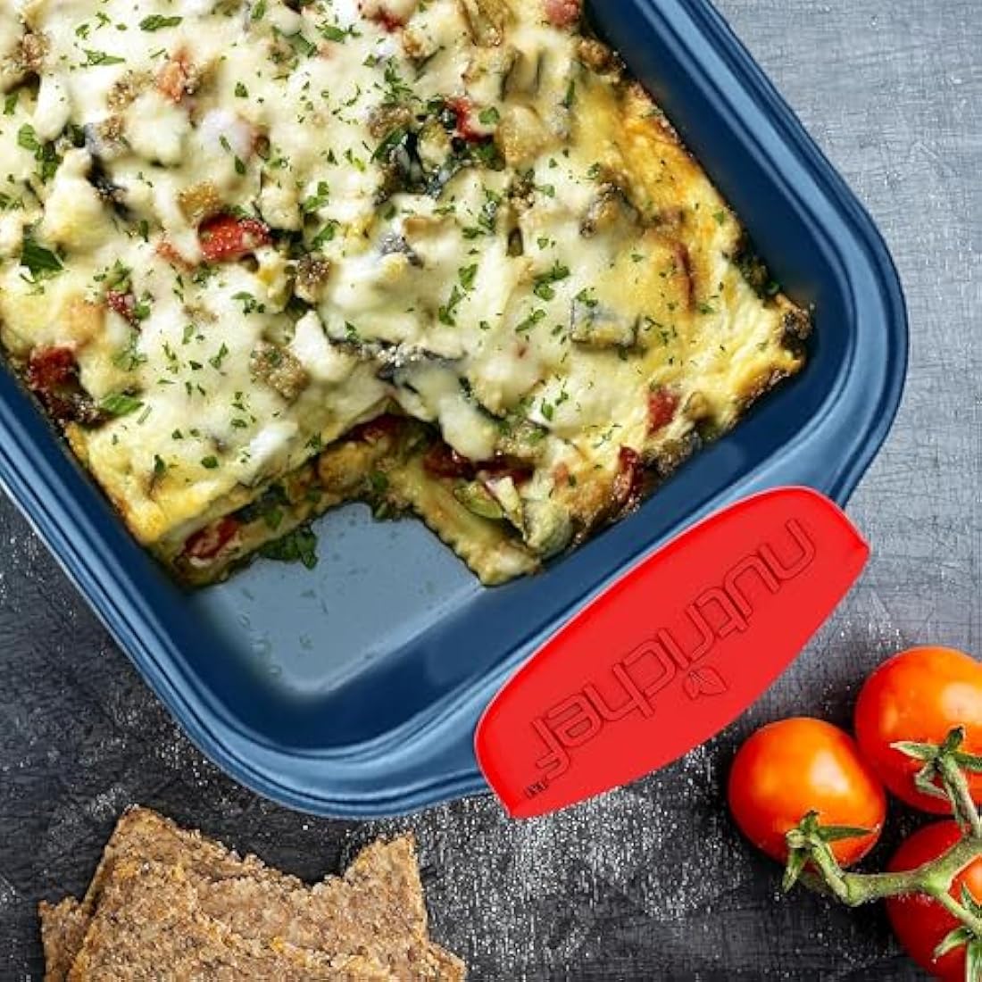 NutriChef Baking Tray Set, Oven Bakeware Trays, 8 Piece Non-Stick Oven Safe - Baking Sets, Includes: Cookie Sheets Pan, Loaf Pan, Pizza Pan, Muffin Tins, Cake Tin, Blue w/ Red Silicone Handles