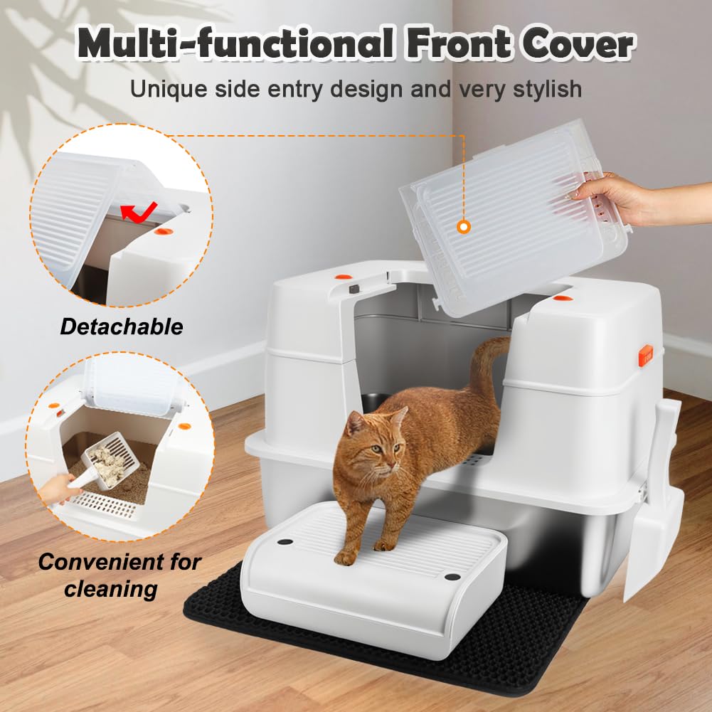 Vivifying Enclosed Stainless Steel Cat Litter Box with Lid, High-Sided, Removable and Metal Leak-Proof Stainless Steel Cat Litter Tray with Scoop, Steps and Mat (Black)