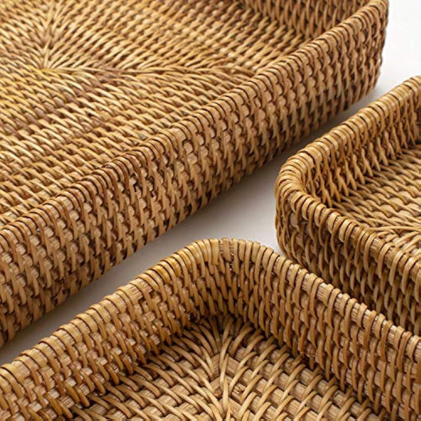 Set of 3, Rattan Serving Tray, Rectangular Wicker Tray, Natural Woven Decorative Serving Baskets for Organizing Tabletop Kitchen Counter
