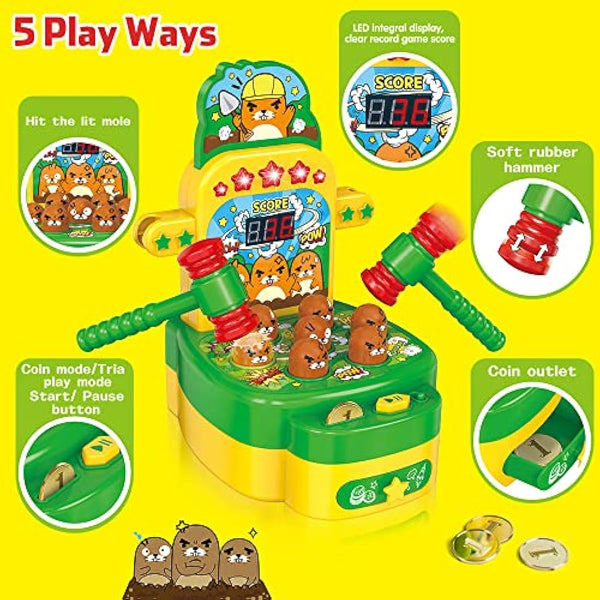 VATOS Whack Game Toy with Mole,Mini Electronic Arcade Pounding Bench Coin game with 2 Hammers Toy,Interactive Educational Developmental Game for Toddlers Kids Girls and Boys Age 3 4 5 6 Years Old