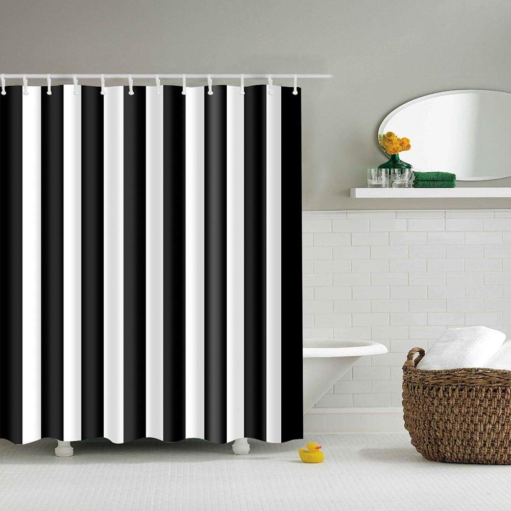 BOYOUTH Black White Vertical Stripe Pattern Digital Print Shower Curtains for Bathroom Decor,Polyester Waterproof Fabric Bath Curtain with 12