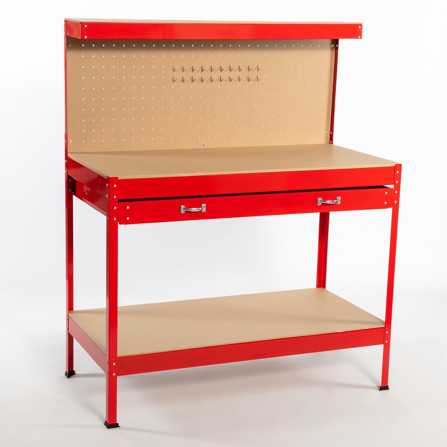 SwitZer New Red Steel Garage Tool Box Toolbox Work Bench Workbench Storage With Drawers Pegboard and 20 Pegs Shelf DIY Workshop Station