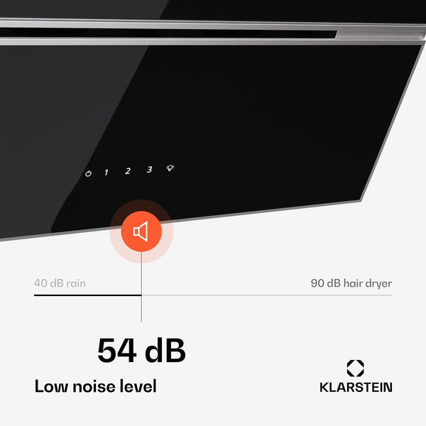 Klarstein Alina 90 Angled Cooker Hood - 600m³/h Air Flow, Touch Panel, LED Backlighting, Quiet 63dB, Energy Class A, 90cm Extractor Hood, Black
