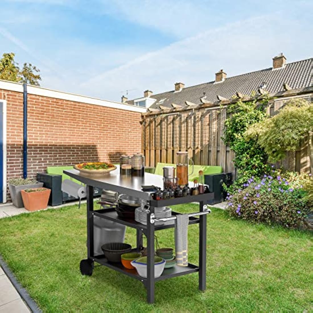 onlyfire BBQ Trolley Food Prep Table Stainless Steel, Flattop Worktable with Side table, Two-Layer Steel Storage Shelves and Utensil Holder