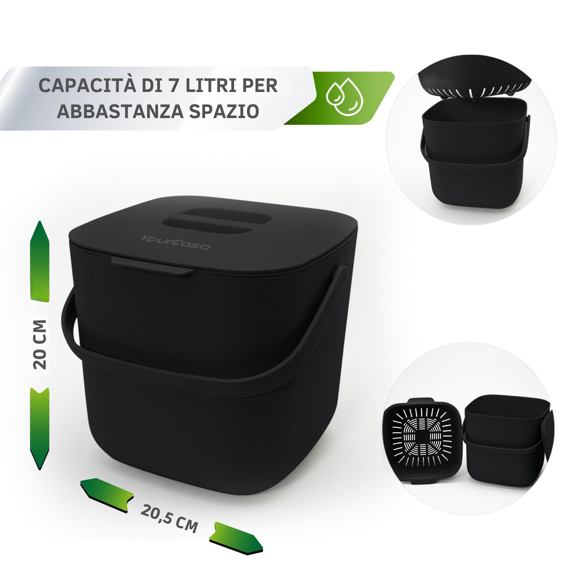 YourCasa Organic Kitchen Waste Bin - 7L Compost Bin with Lid - Dishwasher Safe, Odour-Proof, Removable Strainer