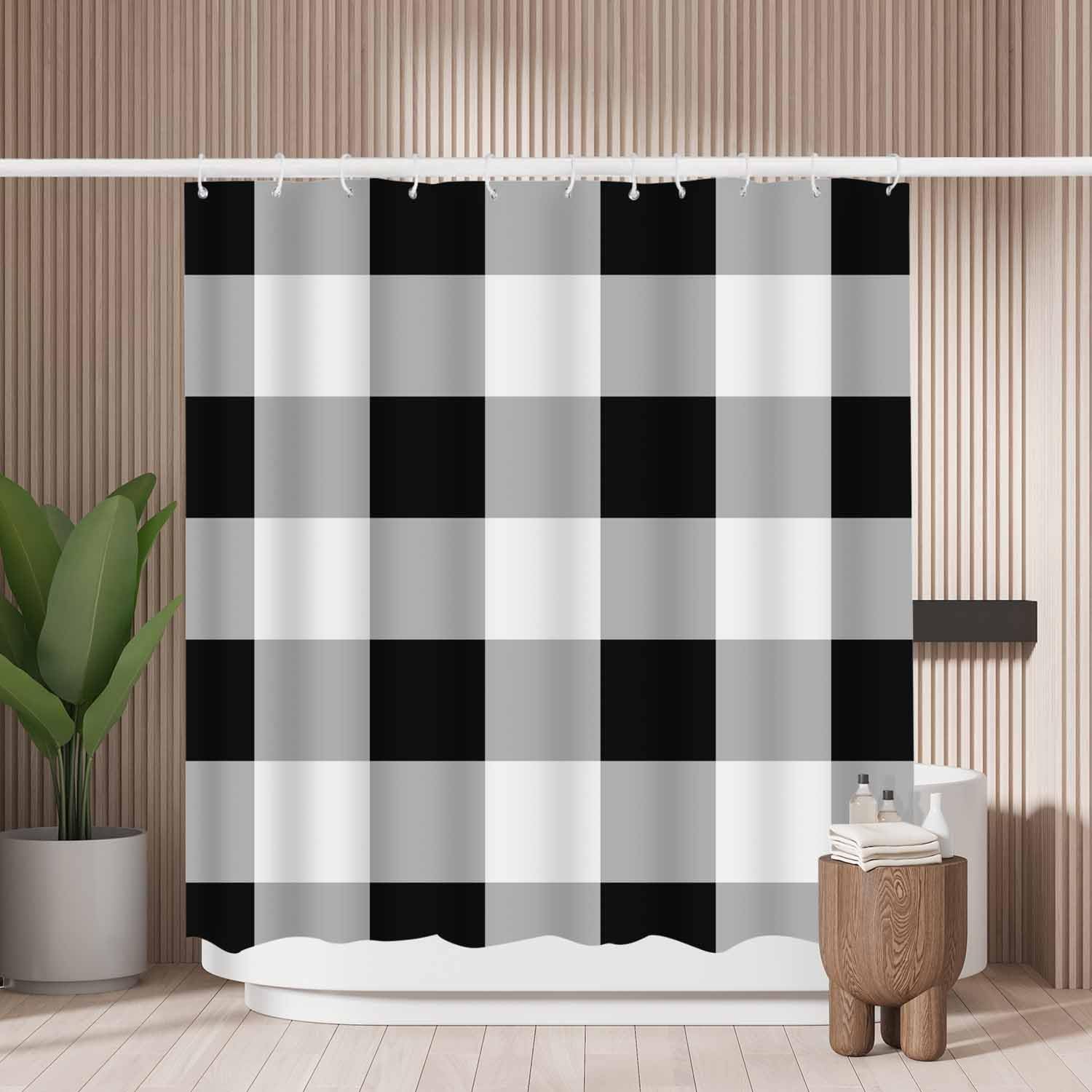 Woutay Shower Curtain Mould Proof Resistant Grey White Black Checkerboard,Water Repellant Fabric,Polyester,with 12 Plastic Hooks