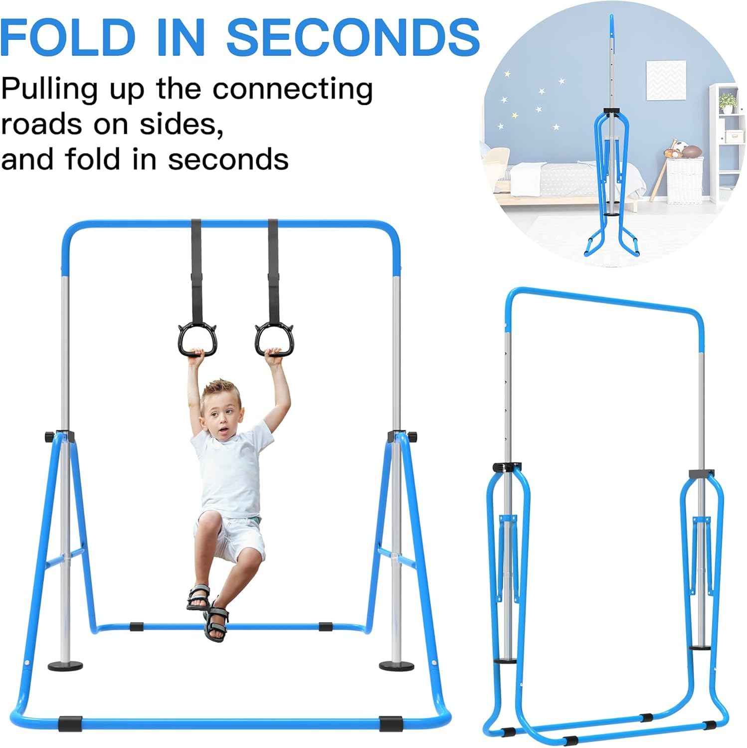 EVERYMILE Gymnastics Bars, Junior Training Kip Bar Gymnastics Equipment for Home,Adjustable Height Folding Horizontal Bar with Gymnastic Rings for Kid