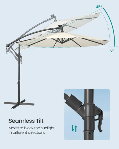 SONGMICS Cantilever Garden Parasol with Solar-Powered LED Lights, 3 m Banana Patio Umbrella with Base, Crank for Opening Closing, Sunshade with Protection UPF 50+, Beige GPU118M01