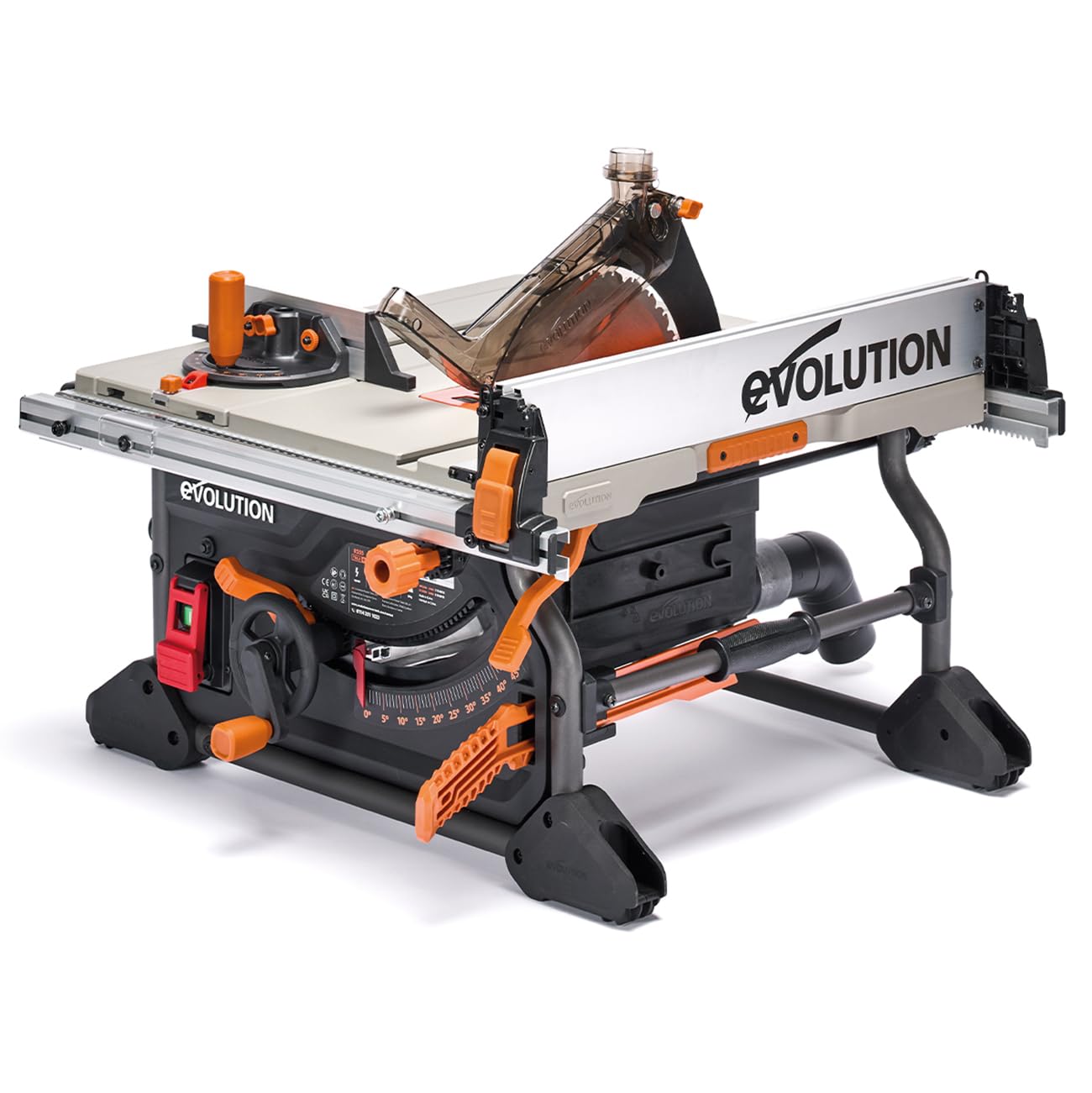 Evolution Power Tools R255TBLX+ Table Saw With Stand (Next Gen Rage 5-S) Multi-Material Cutting Blade Included Cuts Wood Metal Plastic, 45˚ Bevel, +/- 60˚ Mitre Angle, 85mm Cut Depth, 1800w Motor 240v