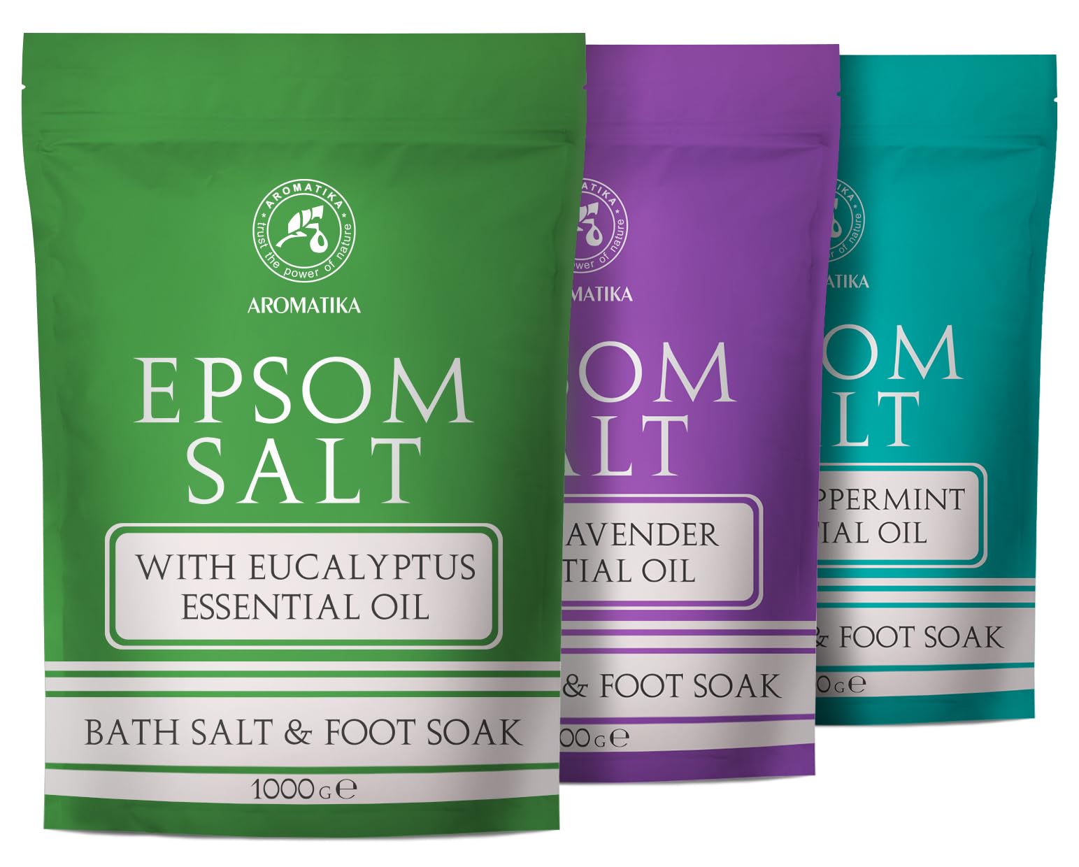 Epsom Bath Salt Set 3?1000 g - Epsom Salt with Eucalyptus & Peppermint & Lavender Essential Oils - Pure & Natural - Concentrated Magnesium Sulphate -