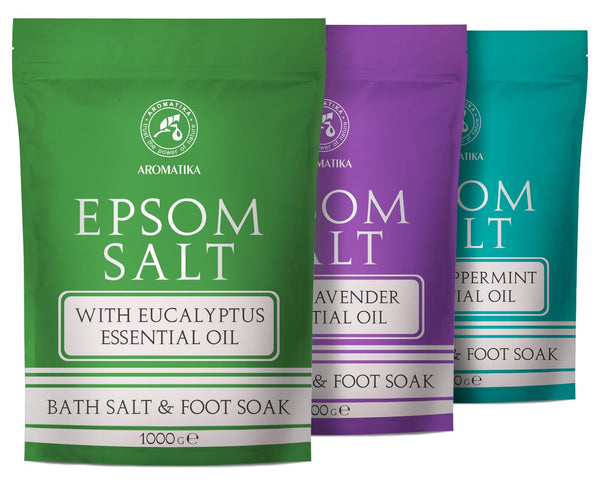 Epsom Bath Salt Set 3?1000 g - Epsom Salt with Eucalyptus & Peppermint & Lavender Essential Oils - Pure & Natural - Concentrated Magnesium Sulphate -