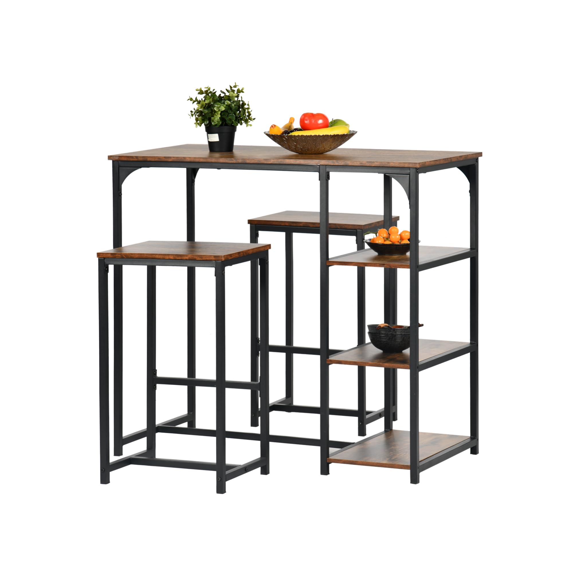 FurnitureR Dining Table with 2 Barchairs, 3 Piece Bar Set, 100cm Kitchen Table- 90CM Height, 2 Stools(40x30x65CM) Each,Vintage Wooden Top & Black