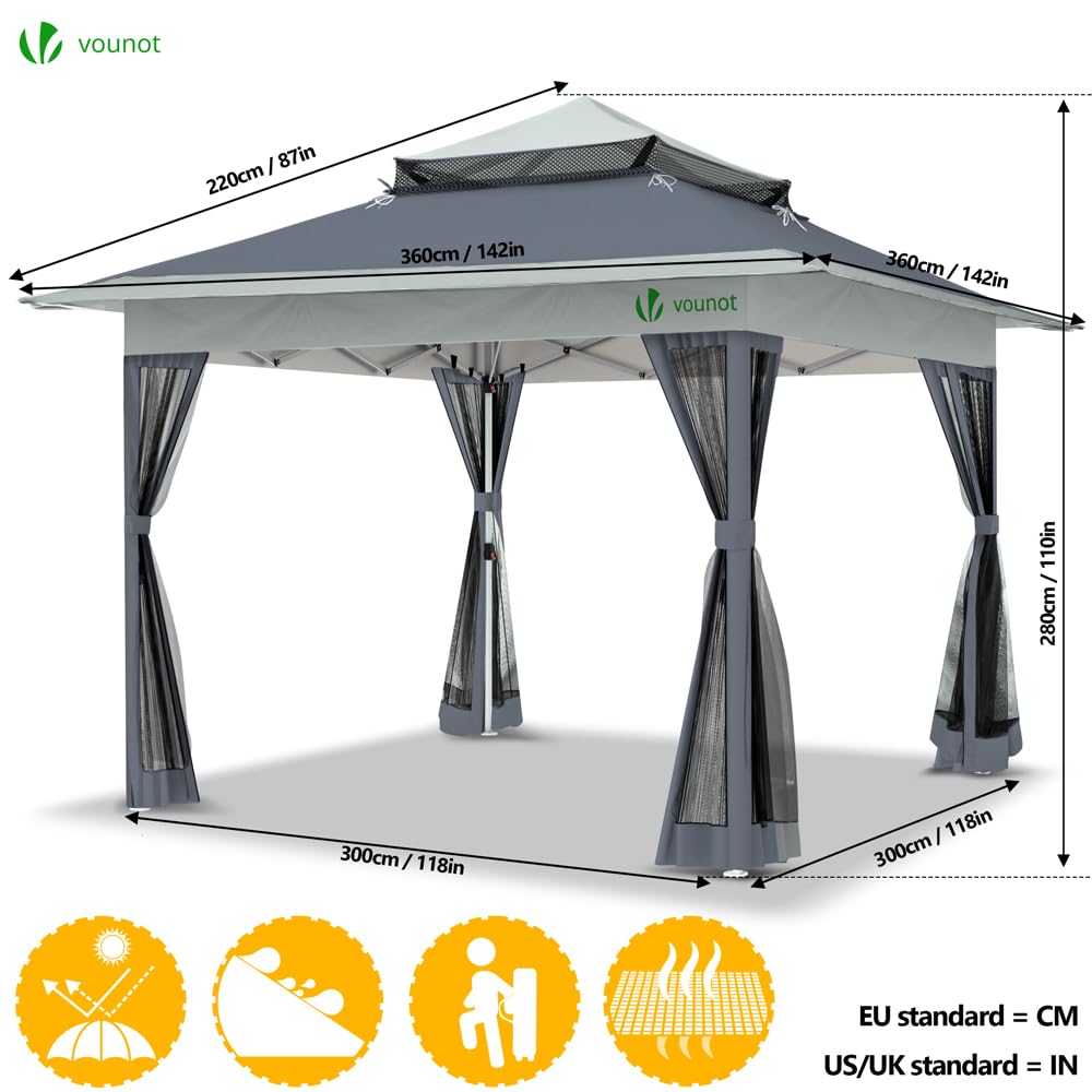 VOUNOT® 3.6m x 3.6m Pop Up Gazebo with Mesh Sides, Garden Double Roof Marquee Party Tent with Leg Weights & Roller Bag, Grey