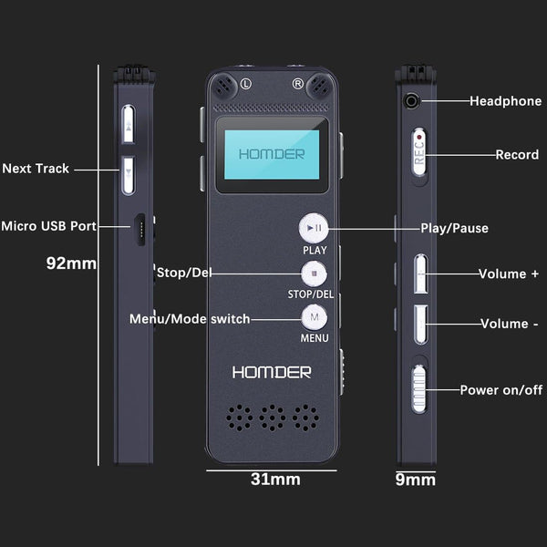 Digital Voice Recorder, Homder USB Professional Dictaphone Recorder with MP3 Player, Activated Rechargeable, Stereo HD Recording for Lectures (8GB)