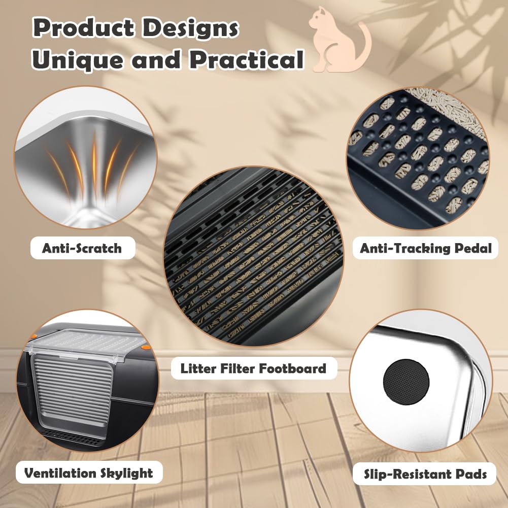 Vivifying Enclosed Stainless Steel Cat Litter Box with Lid, High-Sided, Removable and Metal Leak-Proof Stainless Steel Cat Litter Tray with Scoop, Steps and Mat (Black)