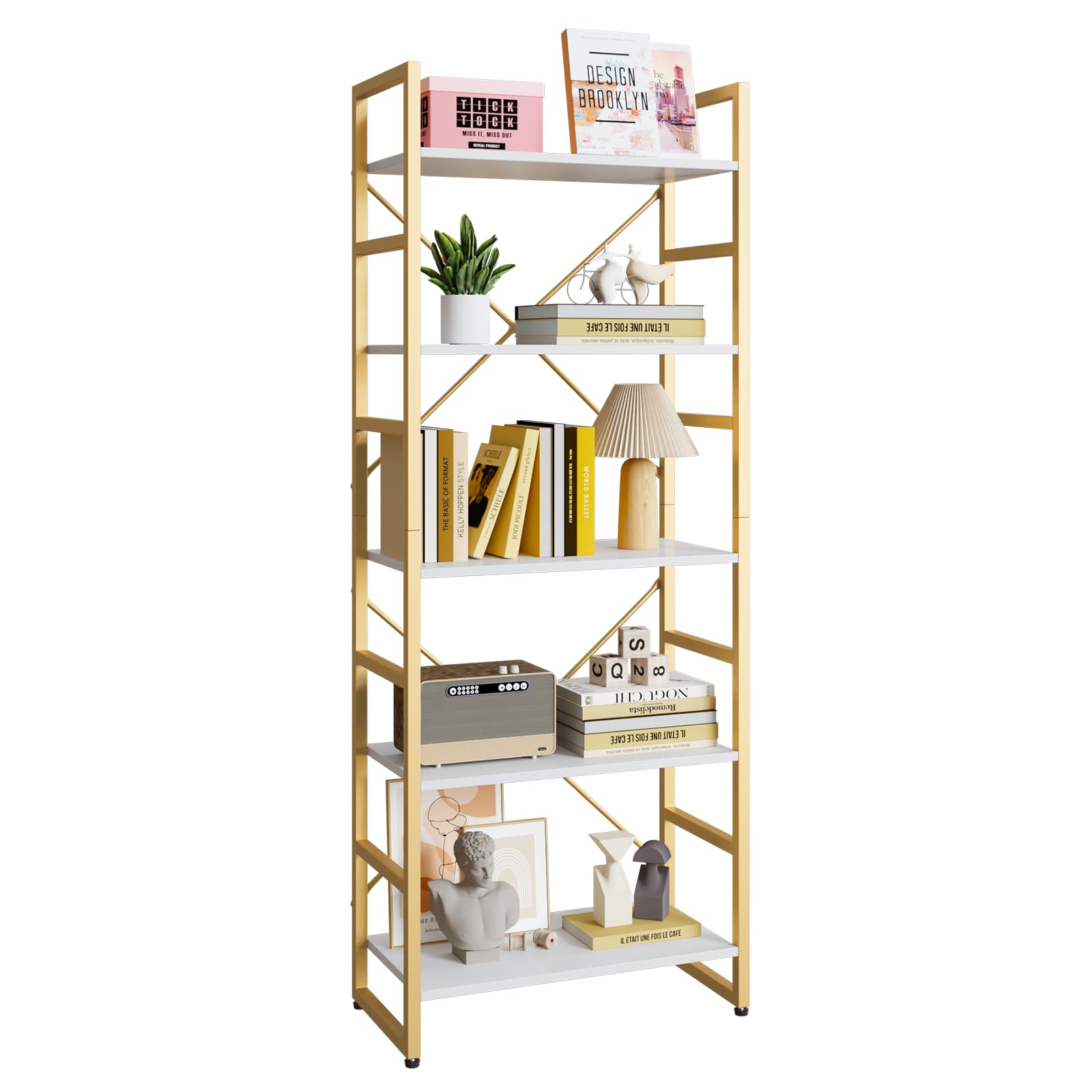 TREETALK 5 Tier Bookshelf, Standing Bookcase with 2 X-shape Frame,Adjustable Leg pads, Industrial Storage Rack for Office, Living Room (Gold)
