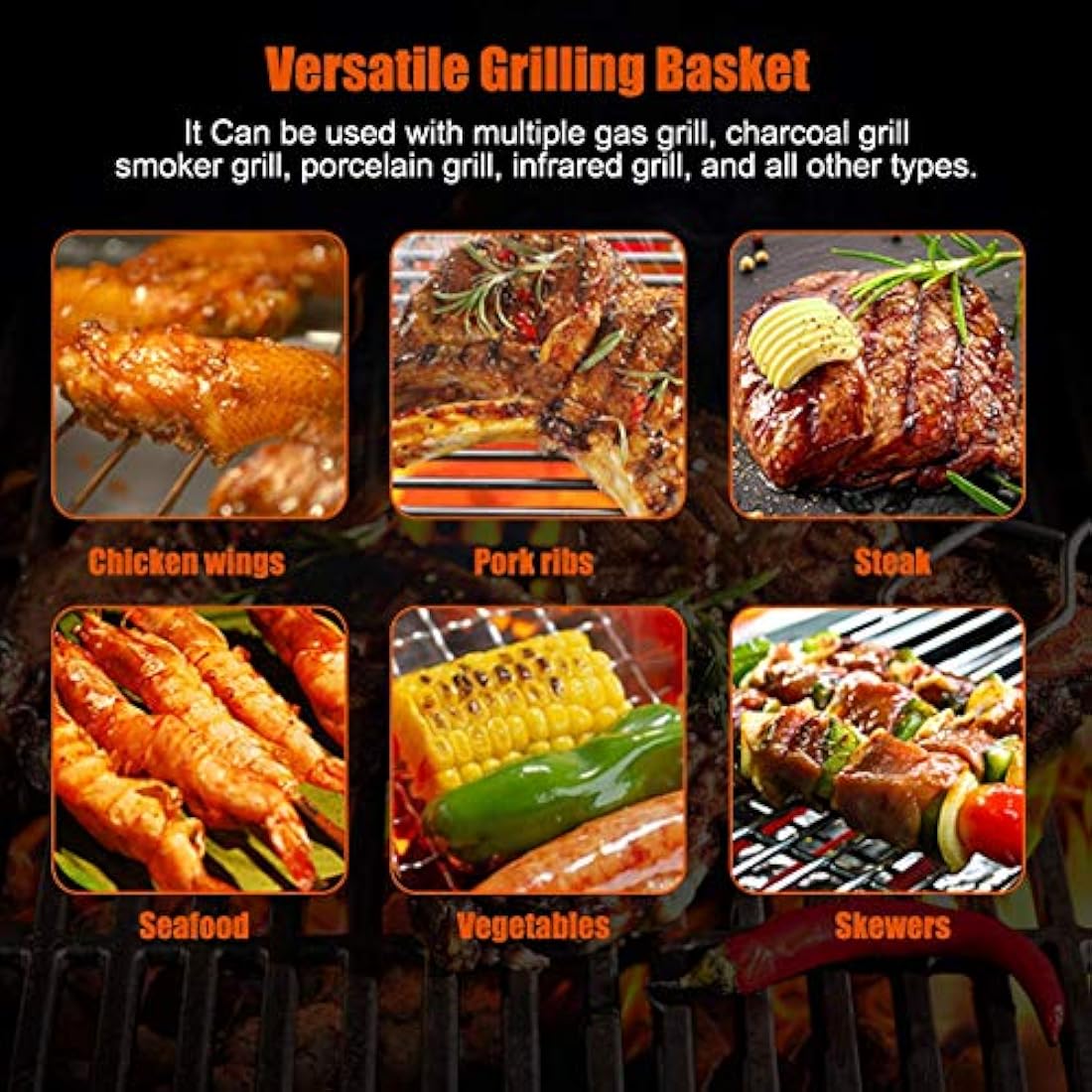 Pecco BBQ Grilling Basket, Foldable Stainless Steel Barbecue Grill Basket for Fish Vegetables Shrimp with Removable Handle, Basting Brush and Storage Bag 32x22cm