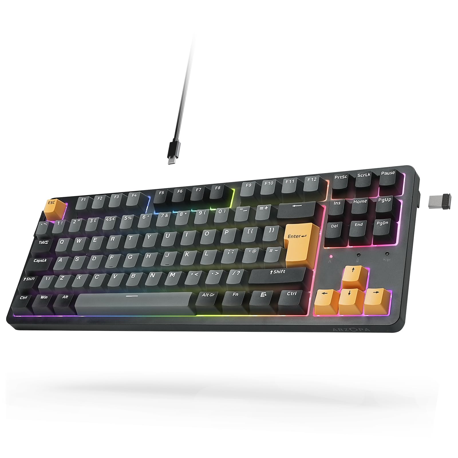 ARZOPA Wireless Mechanical Gaming Keyboard, 87 Keys RGB Backlit Gasket Mount PC Gaming, UK Layout, Compact Hot-Swappable Mechanical Keyboard, Sound Absorbing Pads, Custom Switch
