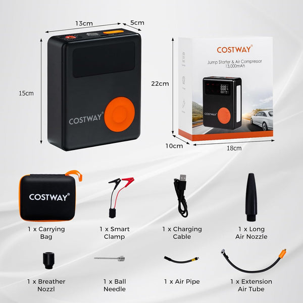 COSTWAY 5-in-1 Jump Starter with Air Compressor, 2000A Peak 13000mAh 12V Car Battery Booster Jump Starter (up to 8.0L Gas or 5.0L Diesel Engine), Powerbank Charger with Jump Leads, LED Flashlight