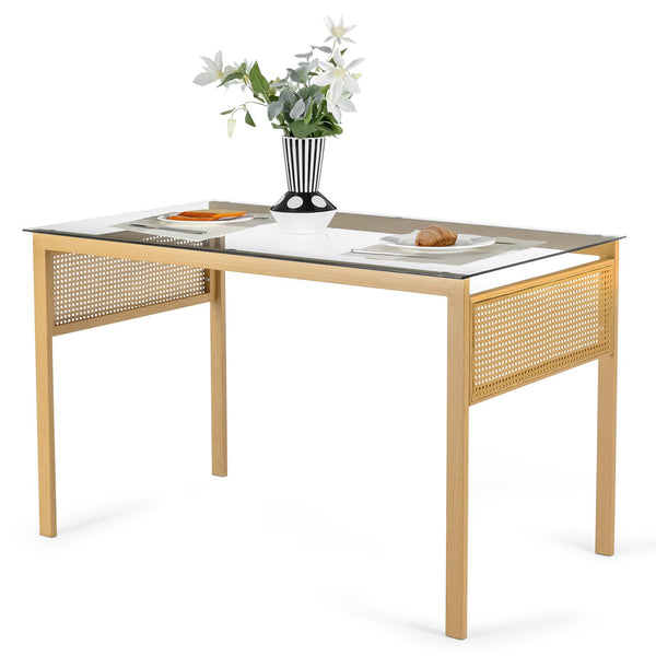 Artist Hand 120CM Boho Dining Table for 4-6 Seater, Rectangular Metal Dinner Table Kitchen & Dining Room Furniture with Tempered Glass & Rattan Decor