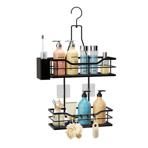 HapiRm Shower Caddy Hanging Organiser - 2 Tier Bathroom Caddy Organiser with 360? Rotatable Top Hook and 4 Hooks, Black Rustproof Shower Shelf Hanging