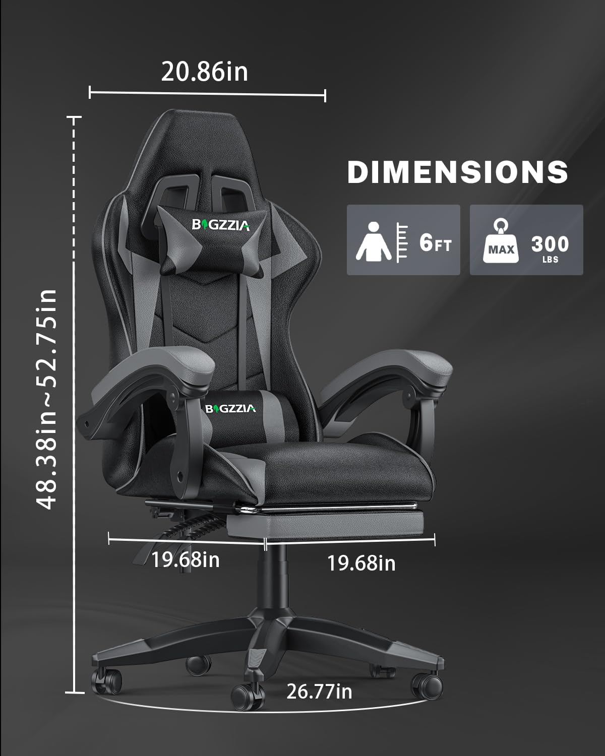 bigzzia RGB Gaming Chair with LED Lights and Ergonomic Computer Chair Reclining PU Leather High Back Video Game Chair with Headrest Adjustable Lumbar Support Linkage Armrest for Adults (Black/Grey)