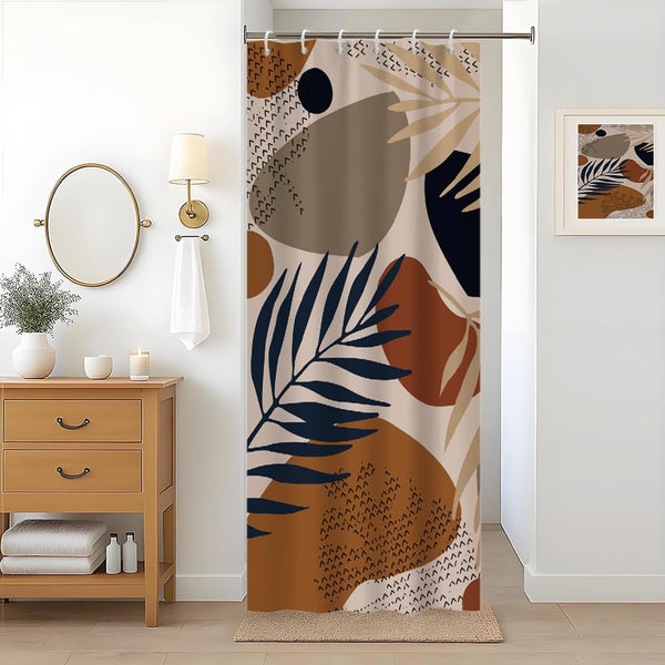 Uiiooazy Abstract Stall Shower Curtain, Boho Mid Century Blue Grey Leaves Terracotta Geometric Motif Bath Curtain Anti Mildew Waterproof Polyester