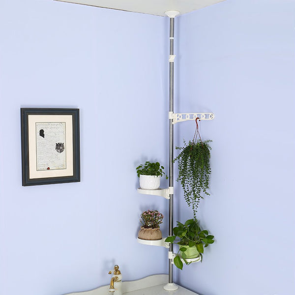 BAOYOUNI Indoor Plant Pole Stand Tension Rod Hanger Window Sill Flower Display Rack Holder Adjustable Corner Vertical Storage Organizer with 3 Trays &