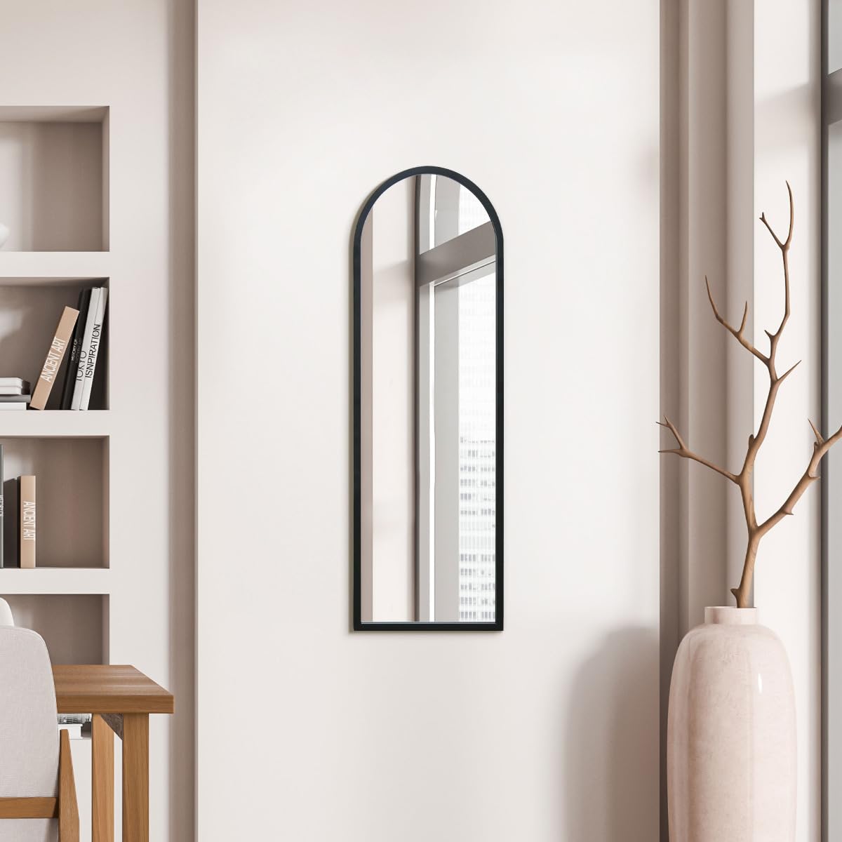 MirrorOutlet The Arcus - Black Metal Framed Modern Arched Wall Mirror 47" X 16" (120CM X 40CM) Black. 2cm Wide Frame and 3cm Deep.