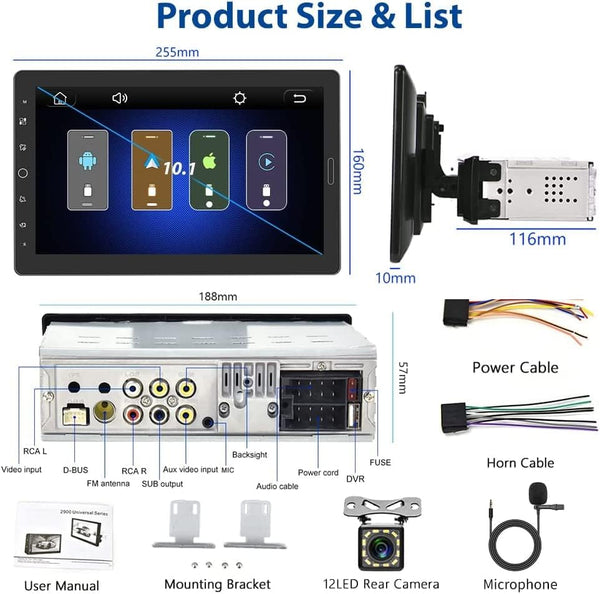 10.1 Inch 10.1" 1080P Detachable Touch Screen Car Stereo Headunit Single Din with Built-in Apple Carplay Car Radio Bluetooth with Reverse Camera Support FM SWC USB TF AUX Mirror Link Android Auto 1Din