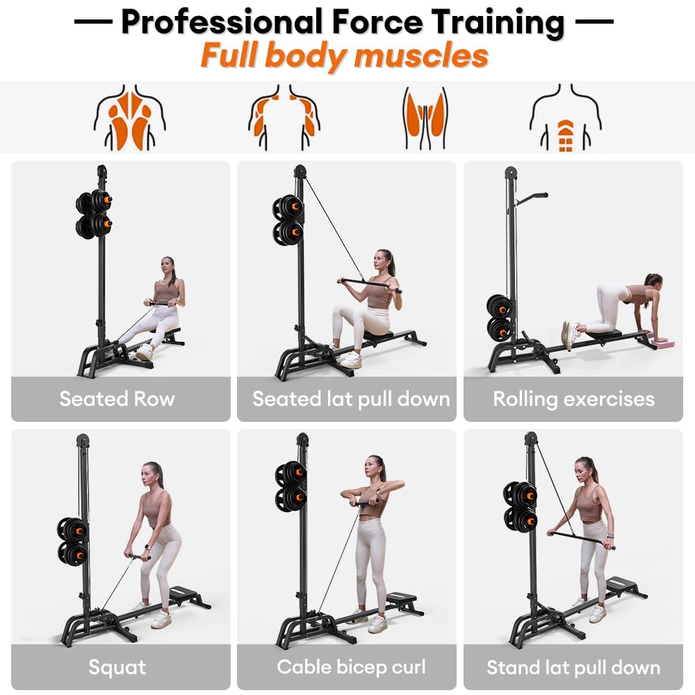 ONETWOFIT Foldable Rowing Machine & LAT Pull Down Machine 2 in 1 Multi-function Compact Rowing Machine for Home, Low Row Cable Fitness with Flat Weight Bench