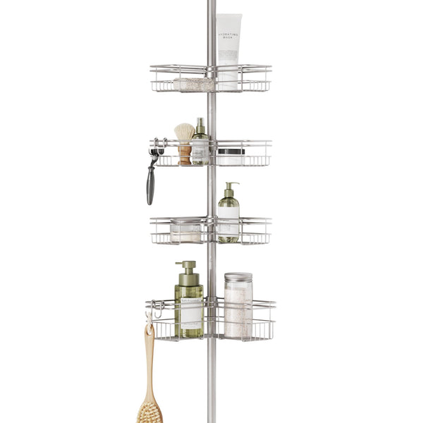 Zenna Home Tension Pole Shower Caddy with 4 L-Shaped Shelves with Hooks, Satin Nickel, 60-97 Inch ? Rust-Resistant Corner Shower Organizer Shelf ?