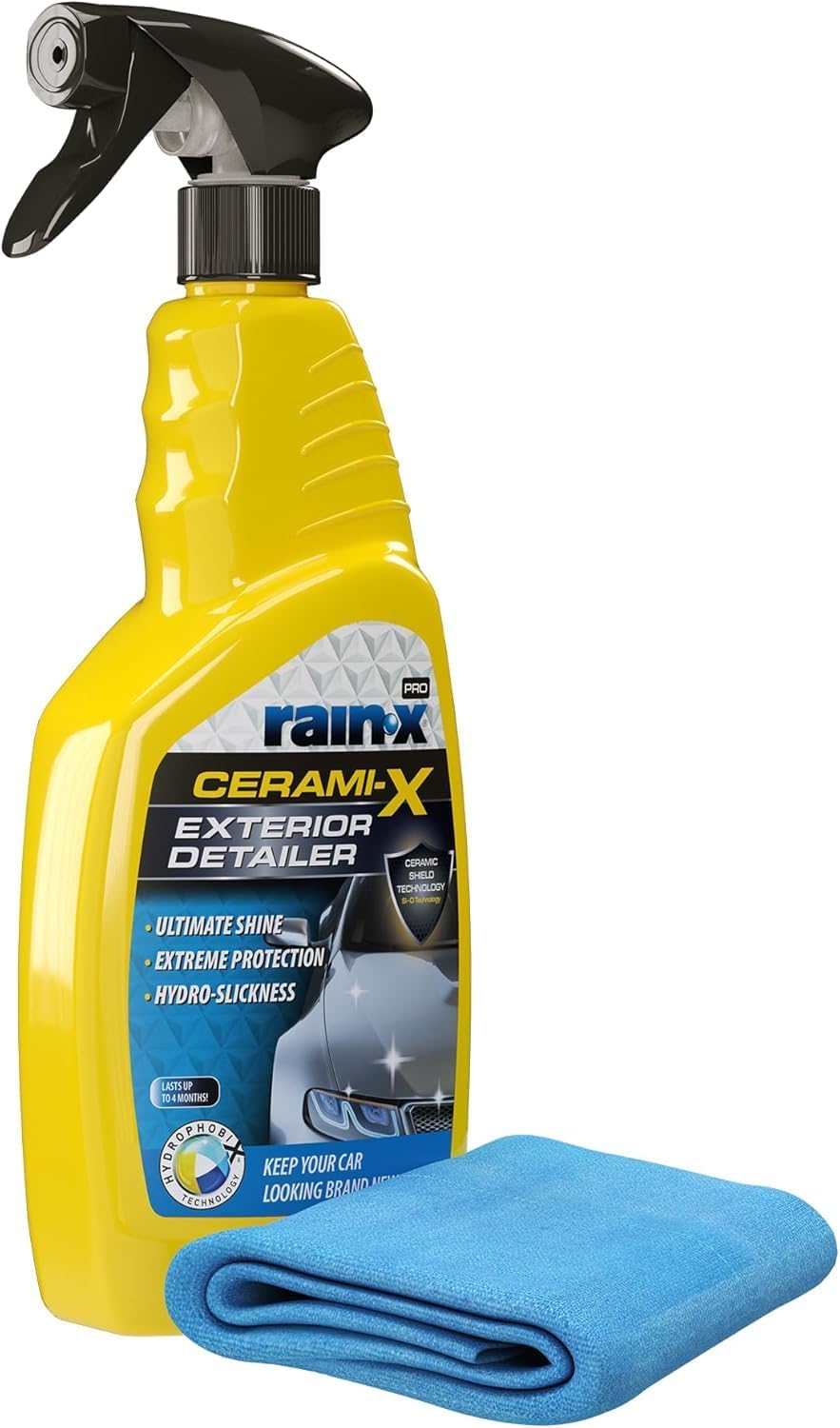 Rain-X Ceramic Car Coating Spray; High Gloss Car Wax with Hydrophobic and UV Protection; Protects for 3 Months + Cloth- 750ml