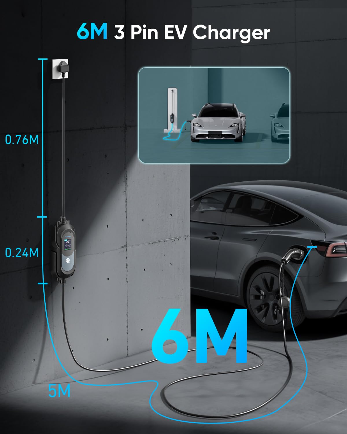 EV Charger Cable Type 2 to 3 Pin Plug 8M/26.25Ft, Max 3.1kW [6-13A] Electric Car Charger, Portable Car Type 2 Charging Cable 3 Pin with 2.4″ LED Screen, 12H Timing Delay, IP67/IP65 for EVs & PHEVs