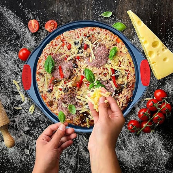 NutriChef Baking Tray Set, Oven Bakeware Trays, 8 Piece Non-Stick Oven Safe - Baking Sets, Includes: Cookie Sheets Pan, Loaf Pan, Pizza Pan, Muffin Tins, Cake Tin, Blue w/ Red Silicone Handles