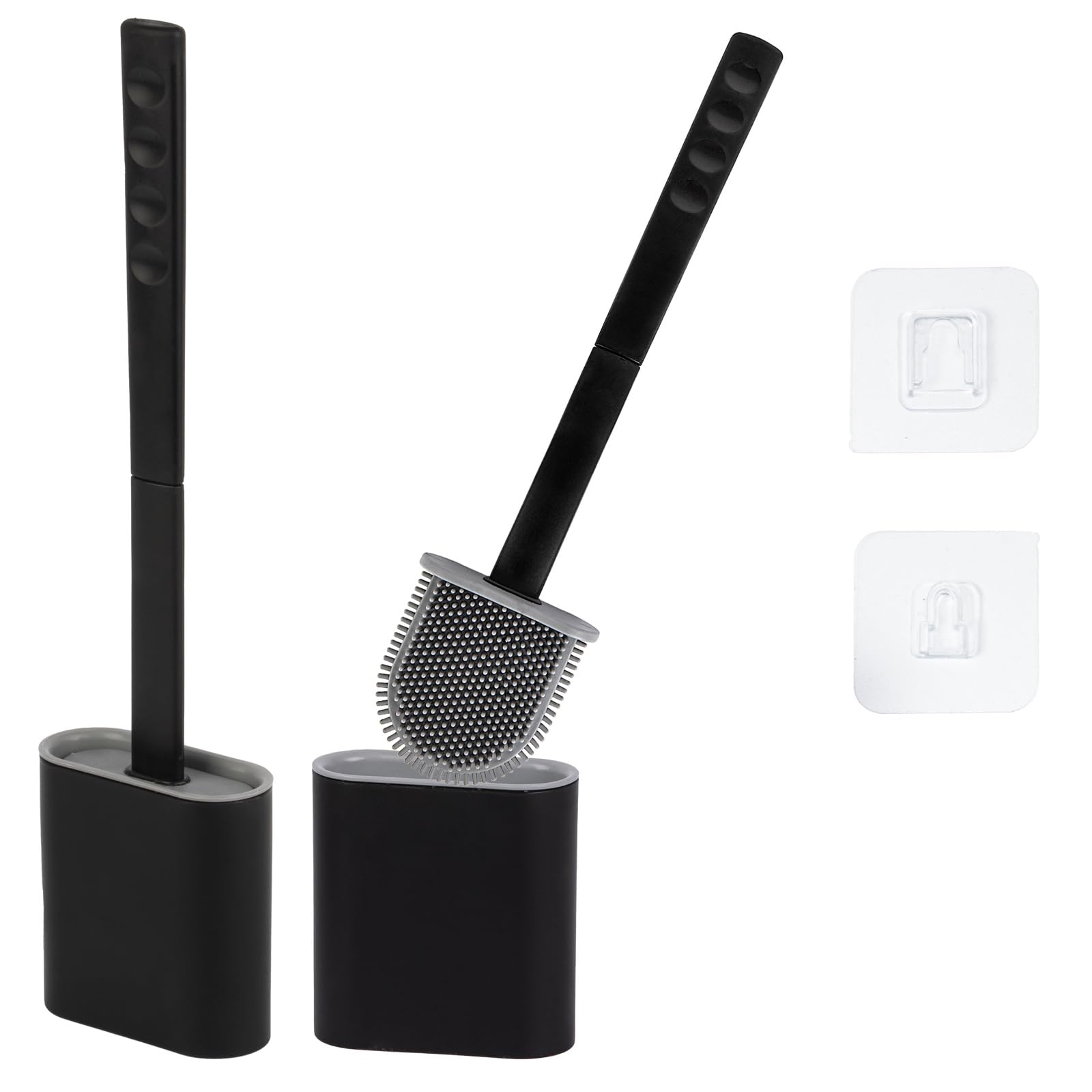 Silicone Toilet Brushes & Holders ? Pack of 2 Long Non-Slip Handle, Flexible Bristles for Easy Cleaning ? Modern Drip-Free Base, Durable Black