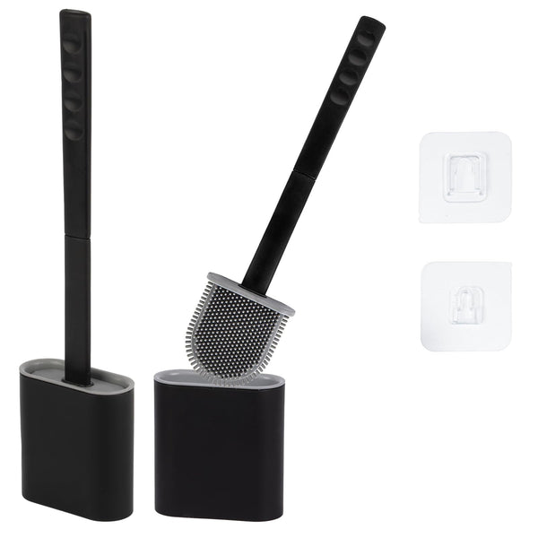 Silicone Toilet Brushes & Holders ? Pack of 2 Long Non-Slip Handle, Flexible Bristles for Easy Cleaning ? Modern Drip-Free Base, Durable Black