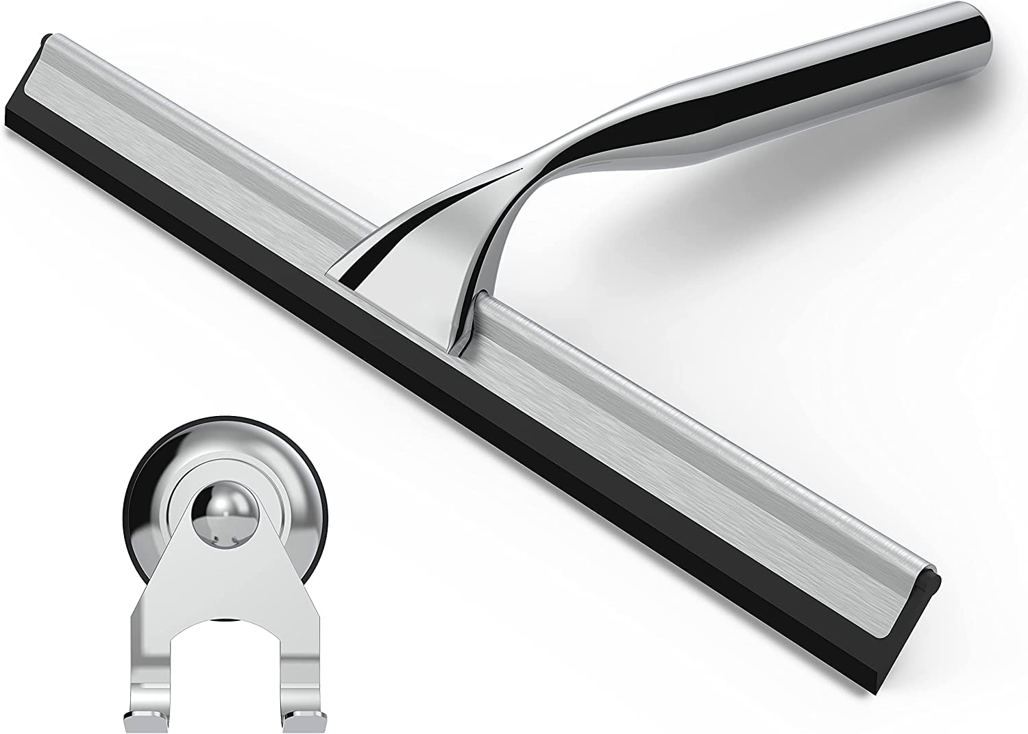stracks? Stainless Steel Shower Squeegee - No drilling! Shower squeegee with suction cup holder and 3M adhesive - (Black)