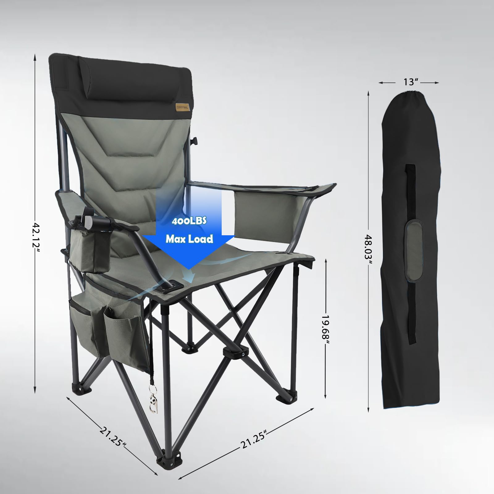 Outdoor Folding Camping Chair -Oversize Camping Chairs for Adults,Support 400lbs with Pillows & Cup Holders & Cooler Bags- Heavy Duty Collapsible Chairs for Sports Garden Beach Fishing(Grey Blue)